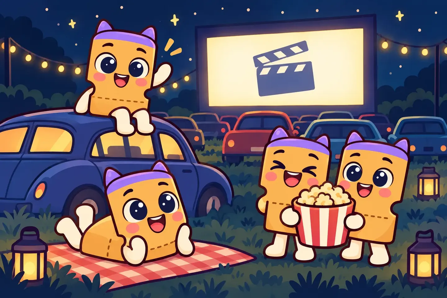 MovieGate's mascots at the drive-in: one sleeps, another cheers the film, another pops out of a popcorn bucket