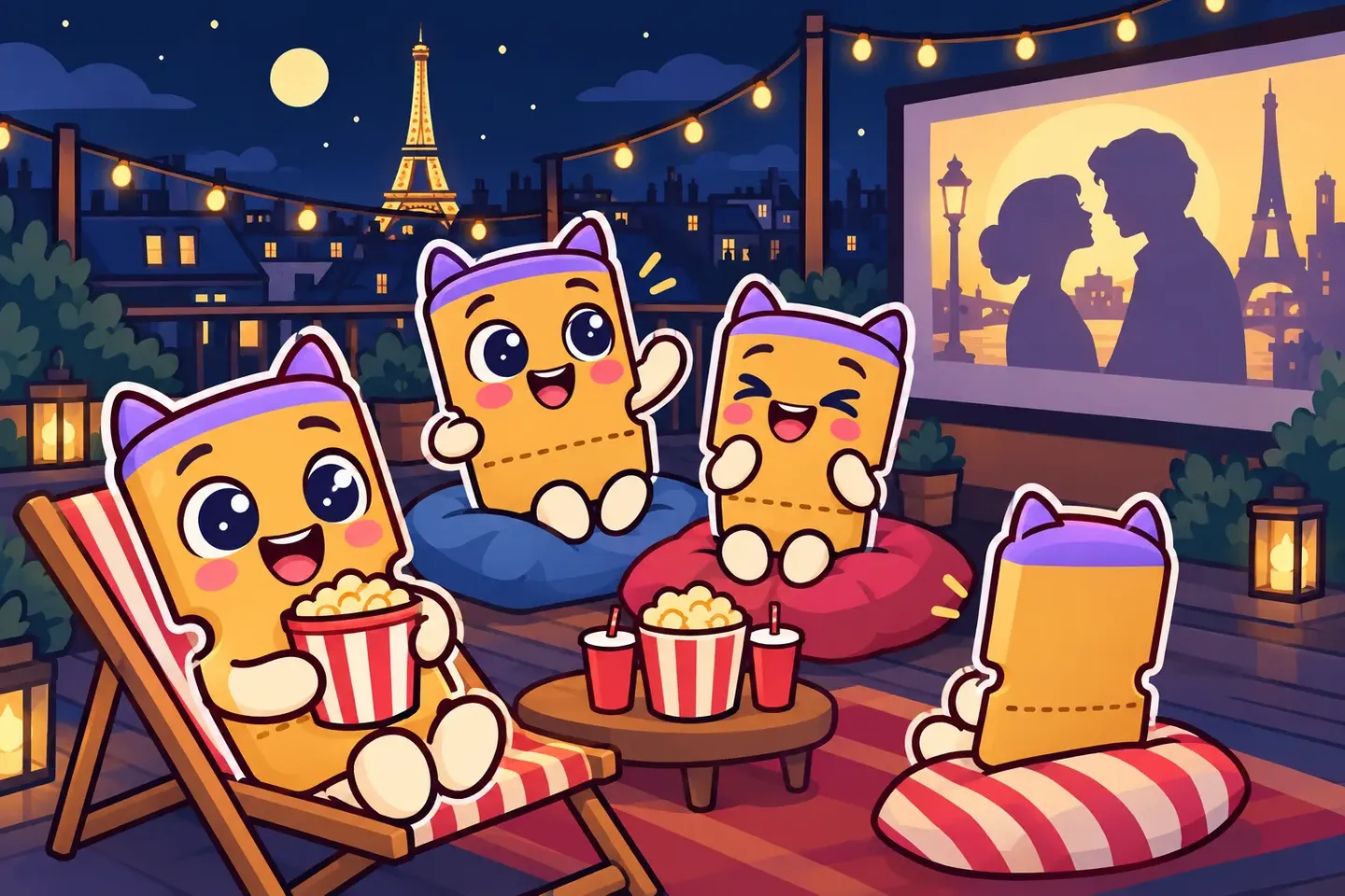 MovieGate's ticket mascots watch a film on a Paris rooftop, popcorn in hand